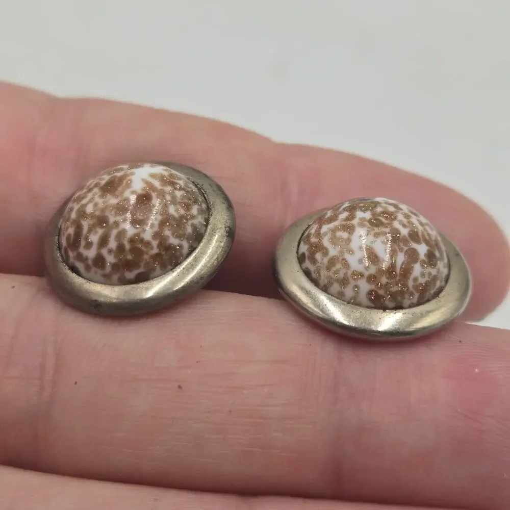 Vintage Murano Aventurine Copper White Speckle Glass Cufflinks Gold Tone 1950s